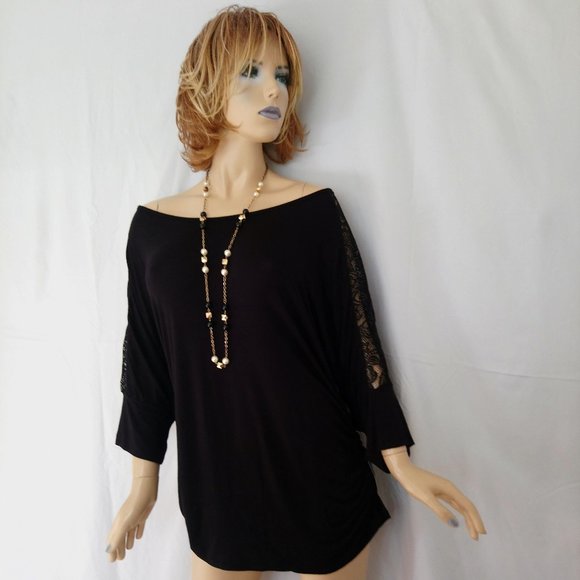 NWT IZ BYER 3X Black Textured Off Shoulder Top Dolman Lace Sleeves - Picture 4 of 11